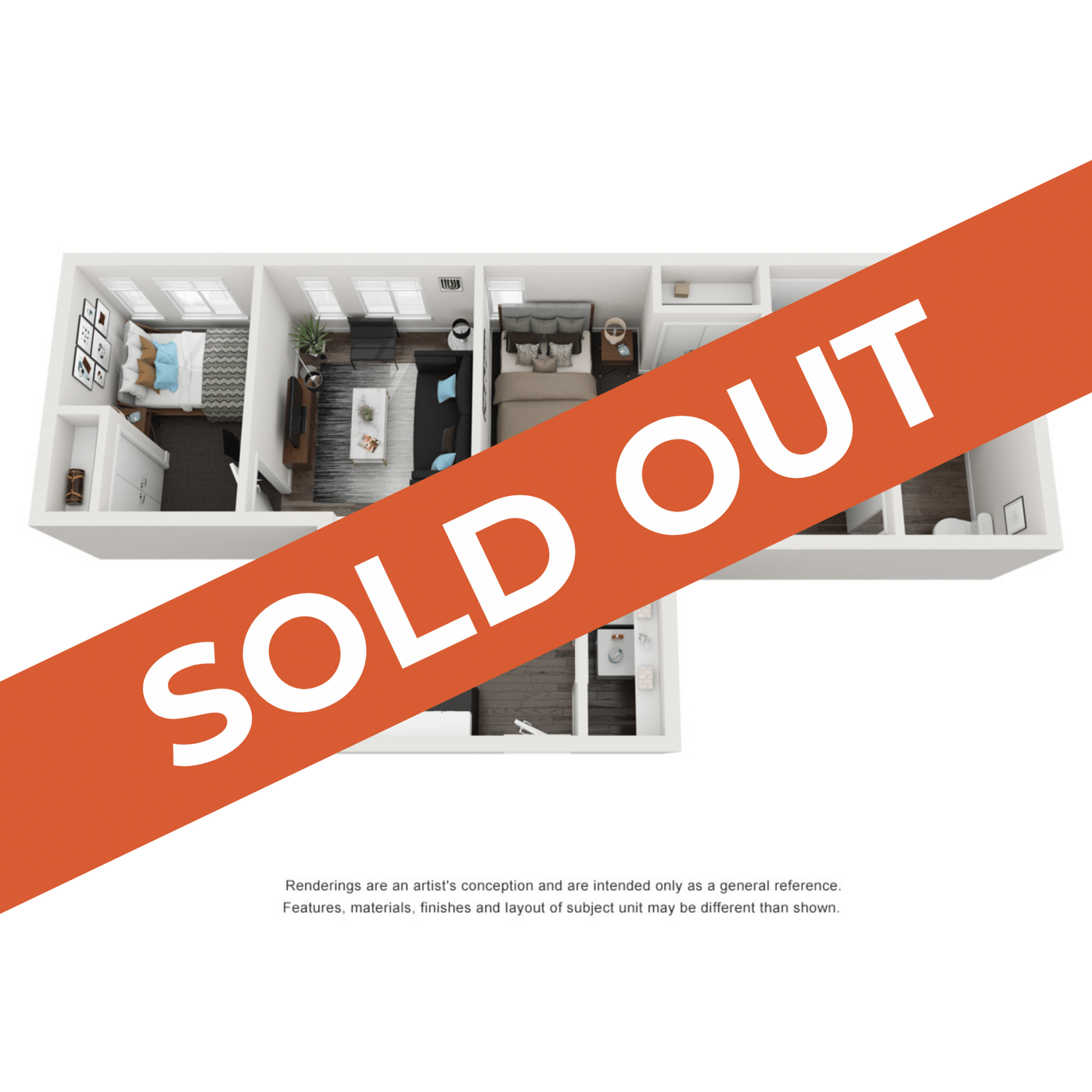 A 3D image of the 2BR/2BA – Prairie Elite Tech floorplan, a 765 squarefoot, 2 bed / 2 bath unit