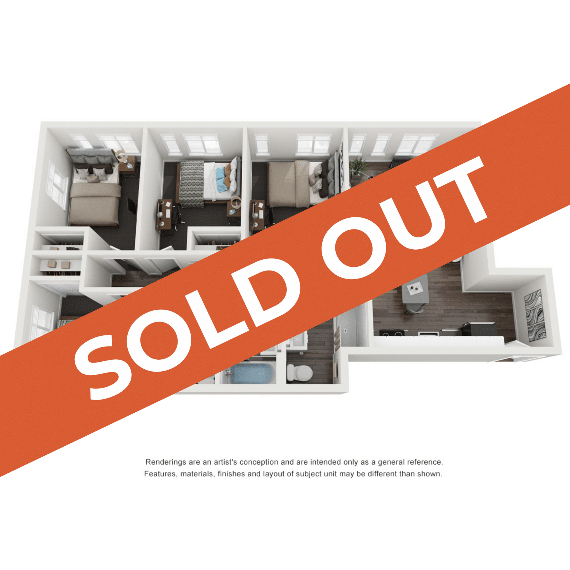 A 3D image of the 4BR/3BA – Fir Elite Tech floorplan, a 1080 squarefoot, 4 bed / 3 bath unit