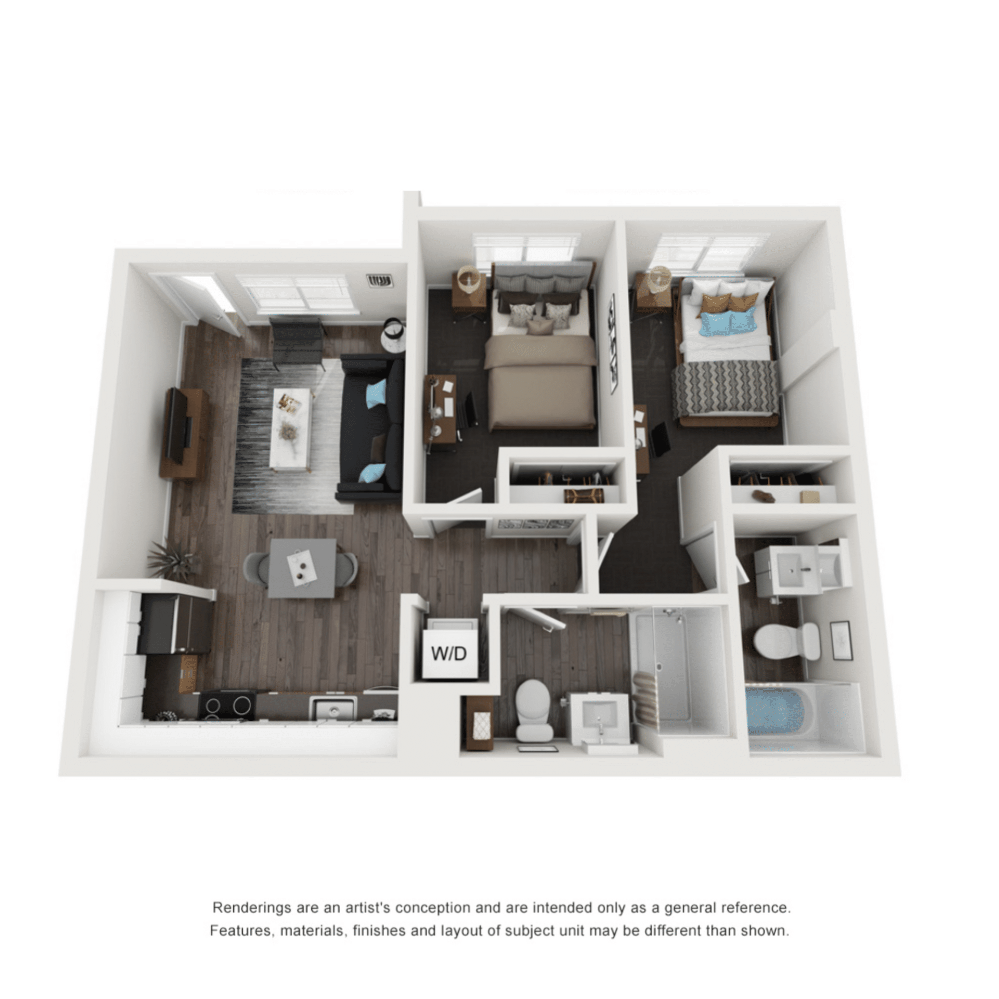A 3D image of the 2BR/2BA – Field Elite Tech Reno floorplan, a 704 squarefoot, 2 bed / 2 bath unit