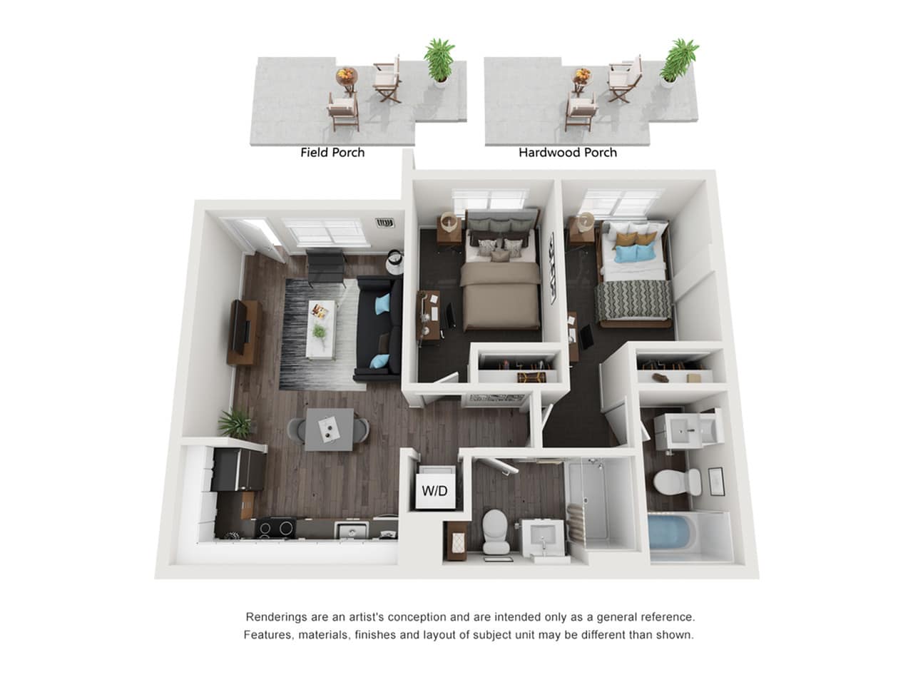 A 3D image of the 2BR/2BA – Field Porch Elite Tech Reno floorplan, a 642 squarefoot, 2 bed / 2 bath unit