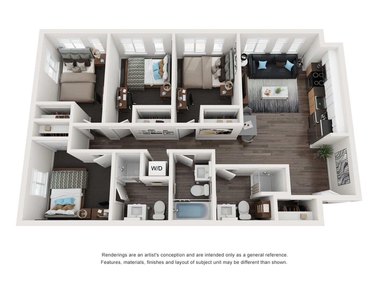A 3D image of the 4BR/3BA – Douglas Elite Tech Reno floorplan, a 996 squarefoot, 4 bed / 3 bath unit