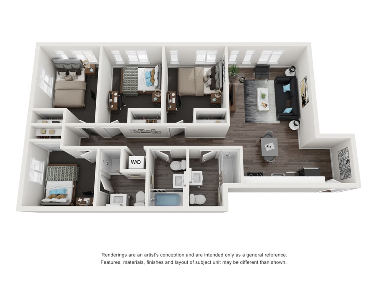A 3D image of the 4BR/3BA – Fir Elite Tech Reno floorplan, a 1080 squarefoot, 4 bed / 3 bath unit