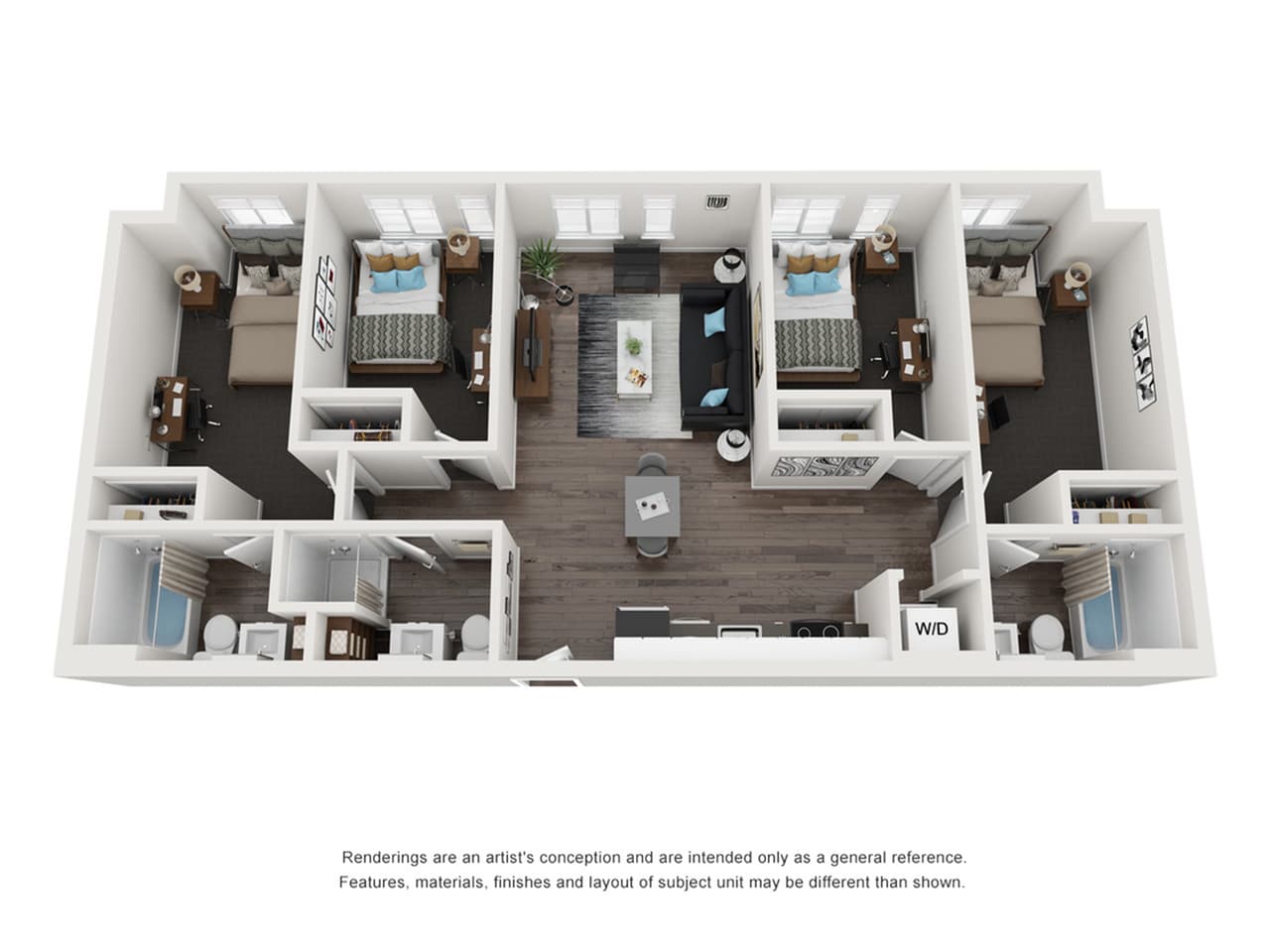 A 3D image of the 4BR/3BA – Oak Elite Tech Reno floorplan, a 1093 squarefoot, 4 bed / 3 bath unit
