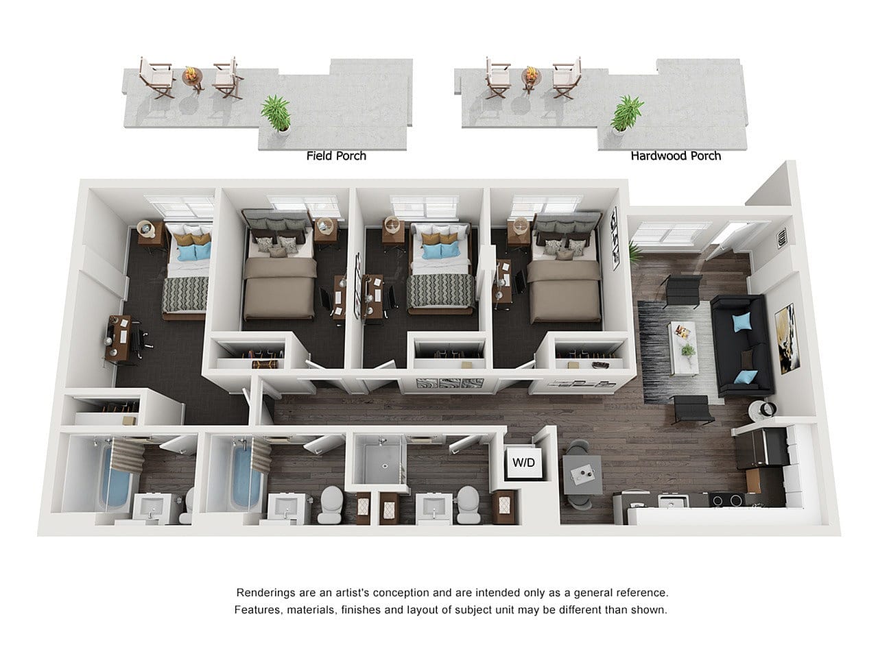 A 3D image of the 4BR/3BA – Woodlands Elite Tech Reno floorplan, a 1013 squarefoot, 4 bed / 3 bath unit