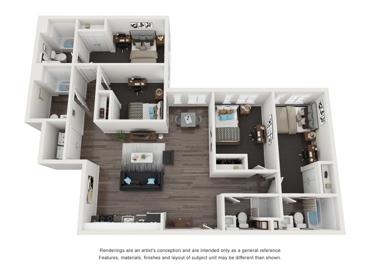 A 3D image of the 4BR/4BA – Upland Elite Tech Reno floorplan, a 1361 squarefoot, 4 bed / 4 bath unit