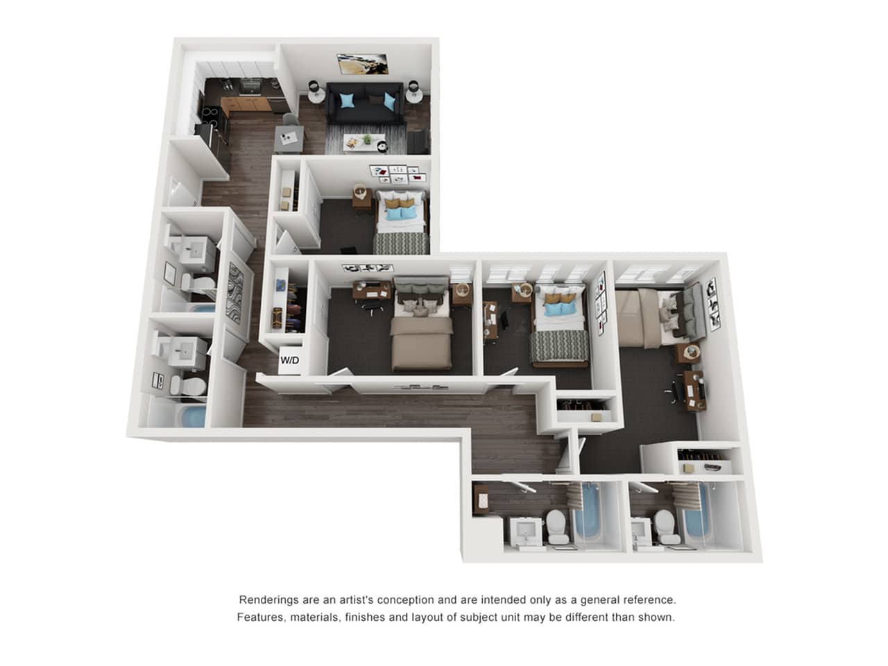A 3D image of the 4BR/4BA – Ranch Elite Tech Reno floorplan, a 1324 squarefoot, 4 bed / 4 bath unit
