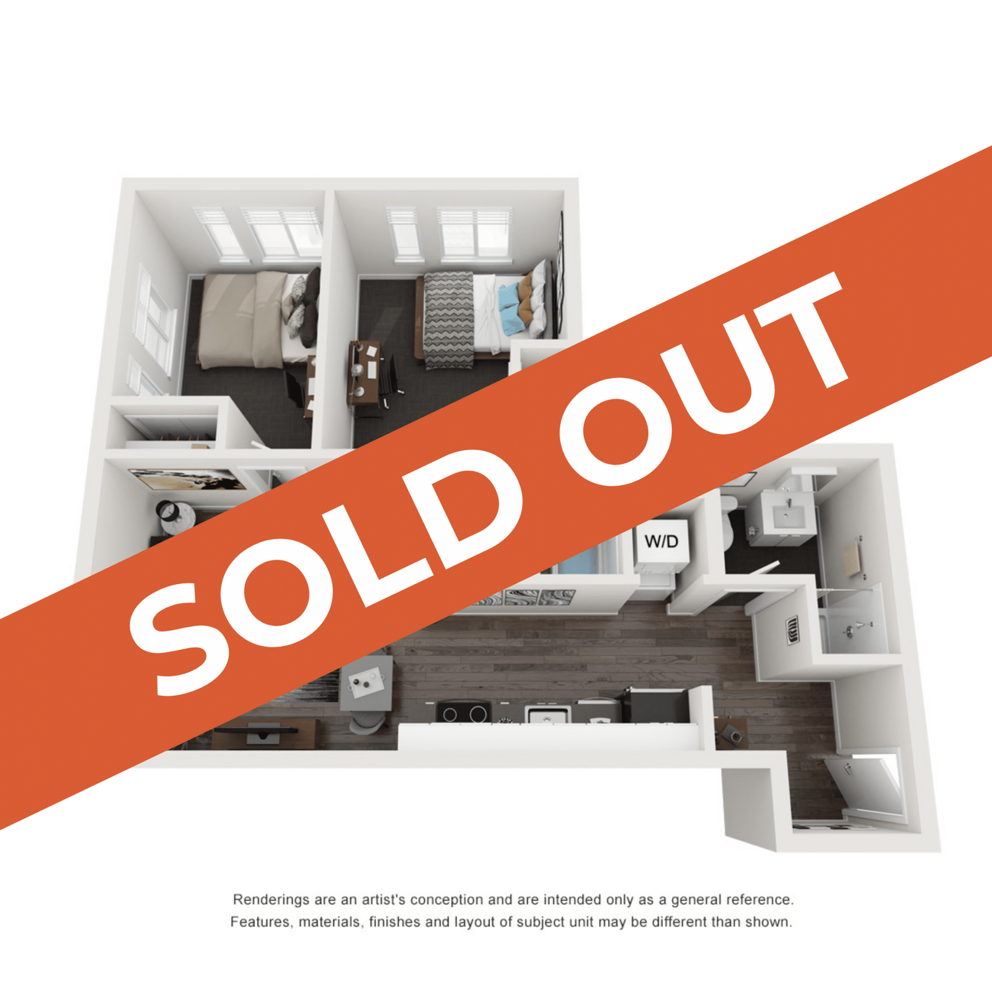 A 3D image of the 2BR/2BA – Savannah Elite Tech Reno floorplan, a 678 squarefoot, 2 bed / 2 bath unit