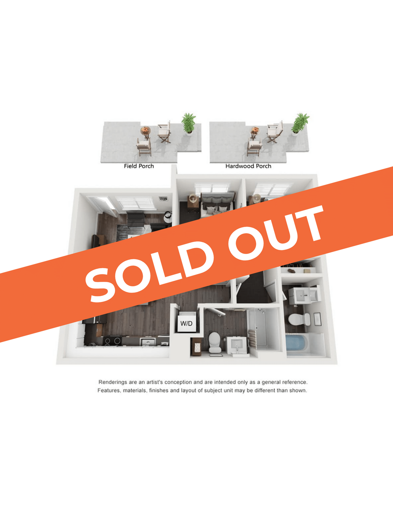A 3D image of the 2BR/2BA – Field Elite Tech Reno floorplan, a 704 squarefoot, 2 bed / 2 bath unit