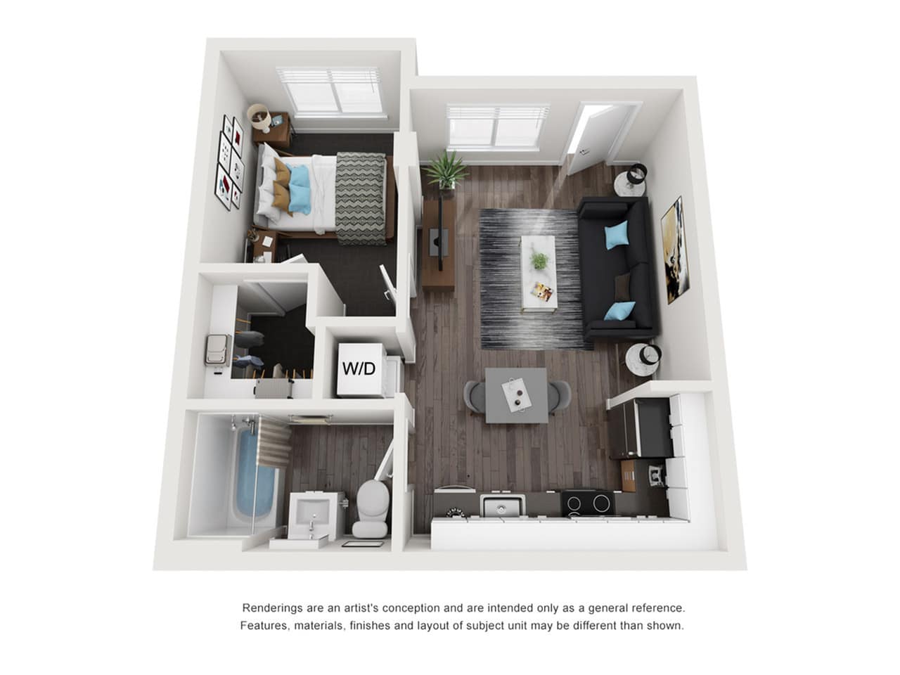 A 3D image of the 1BR/1BA – Pasture Tech Reno floorplan, a 448 squarefoot, 1 bed / 1 bath unit