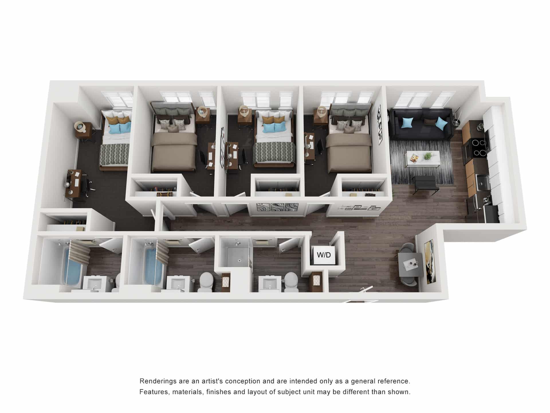 A 3D image of the 4BR/3BA – Hardwood Elite Tech Reno floorplan, a 1042 squarefoot, 4 bed / 3 bath unit
