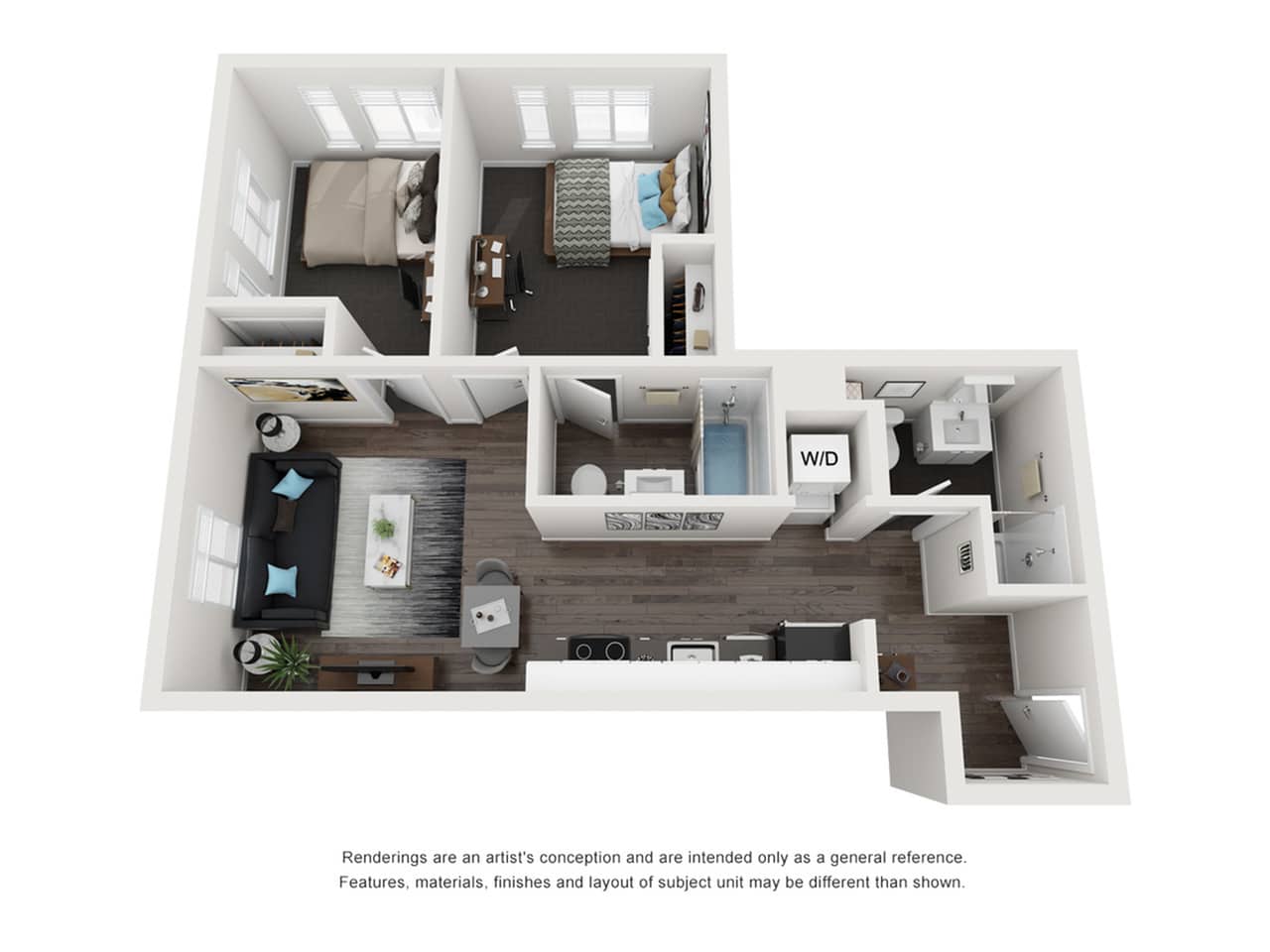 A 3D image of the 2BR/2BA – Savannah Elite Tech Reno floorplan, a 678 squarefoot, 2 bed / 2 bath unit